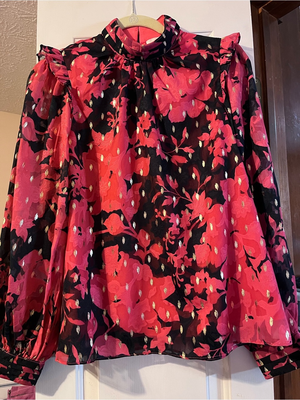 Pinch Black and Red Floral Blouse with Metallic Accents. Sheer with Camisole